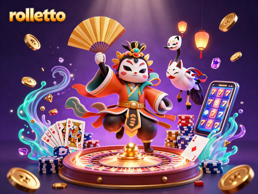 Engage in thrilling gameplay at Rolletto, featuring a vibrant casino scene with kabuki warrior and stunning graphics.