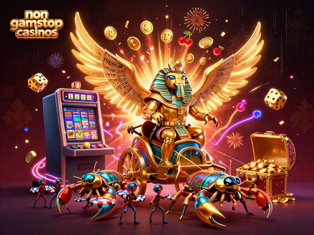 Experience the excitement of non gamstop casinos with a vibrant 3D scene of gaming elements and characters.