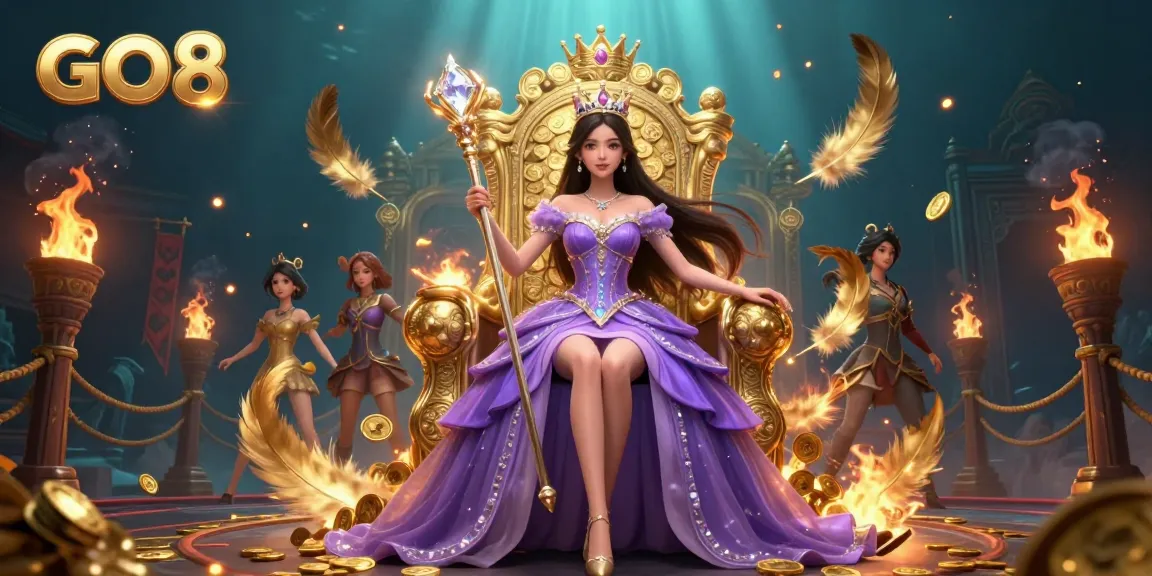 Immerse in GO8's vibrant casino atmosphere with a royal-themed illustration showcasing gaming excitement and luxury.