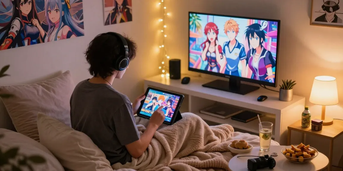 Immersive gaming in a cozy bedroom with free mobile hentai games on a tablet.