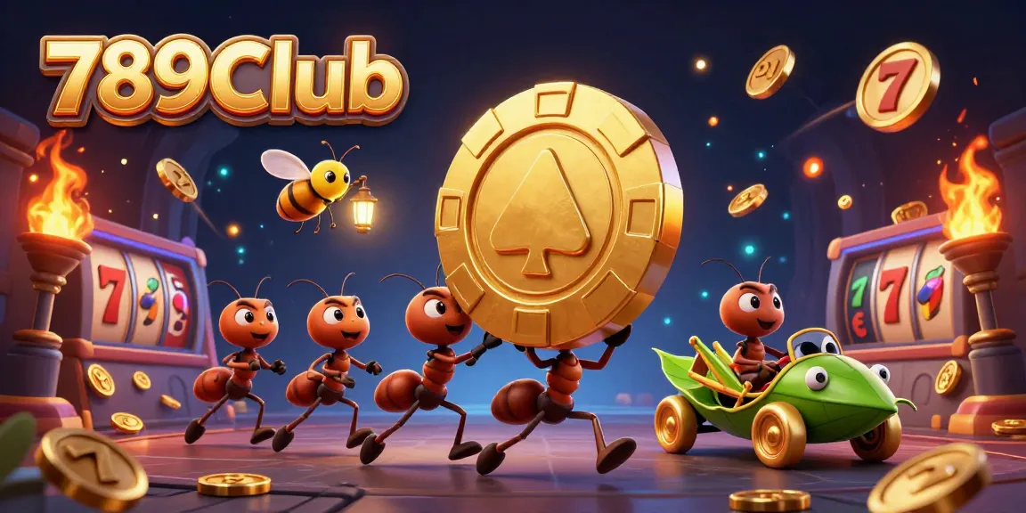 Join the adventure at 789Club as ants carry a massive poker chip, showcasing gambling excitement.